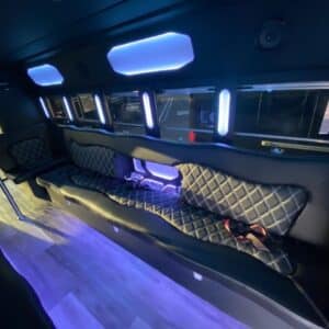 seats and mini bar in a party bus