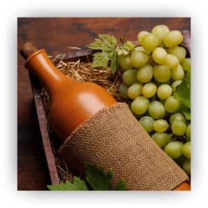 Bottle of wine laying next to grapes