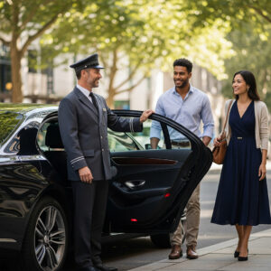 A friendly, uniformed driver holds a car door open for a couple, welcoming them for their journey.