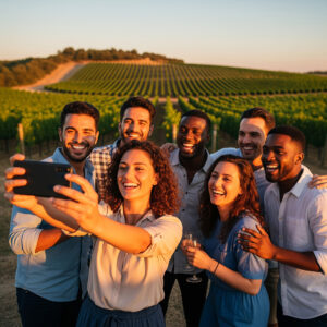 A diverse group of friends poses together, laughing and taking a selfie in front of a beautiful, sun-drenched vineyard.