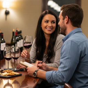 A happy couple enjoys a private moment at a tasting bar, listening to a knowledgeable sommelier describe the wine.