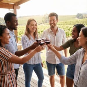 A group of friends toasting with wine glasses on a deck overlooking a vineyard.