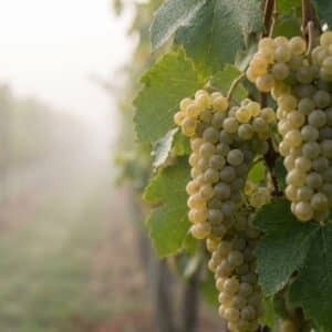 Close-up of Chardonnay grapes covered in morning dew in a foggy Edna Valley vineyard.